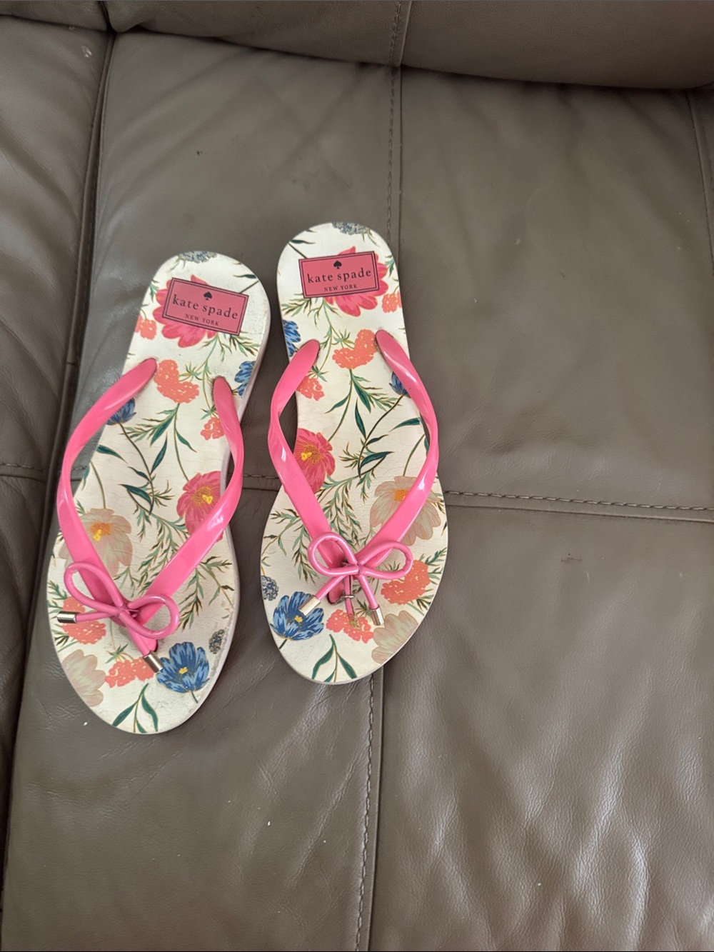 kate spade Floral Flip Flop Sandals in Cream with Pink Straps